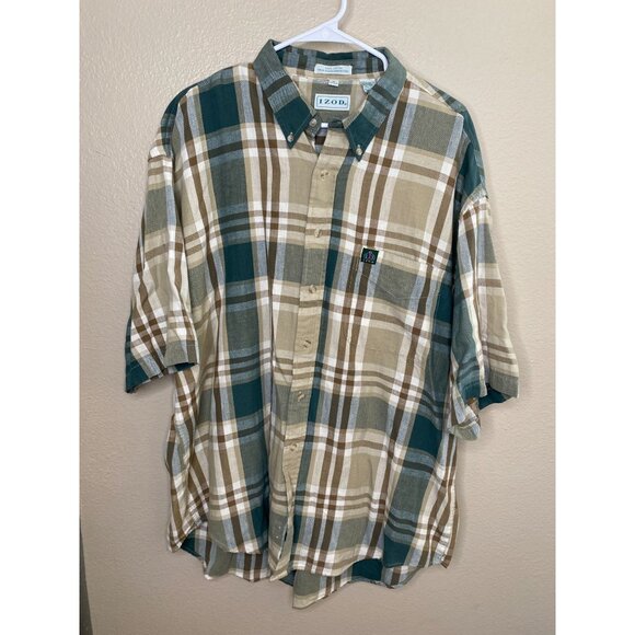 Vintage Izod XL Mens Beige Teal Plaid Short-Sleeve Button-Down Shirt XL Cotton - Picture 2 of 6
